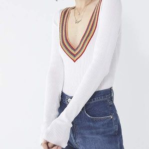 Rainbow striping at the neckline; long sleeve top